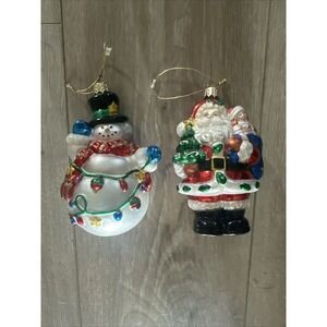 Santa Claus With A‎ Bag Of Toys & Snowman Blown Glass Christmas Tree Ornament 5"